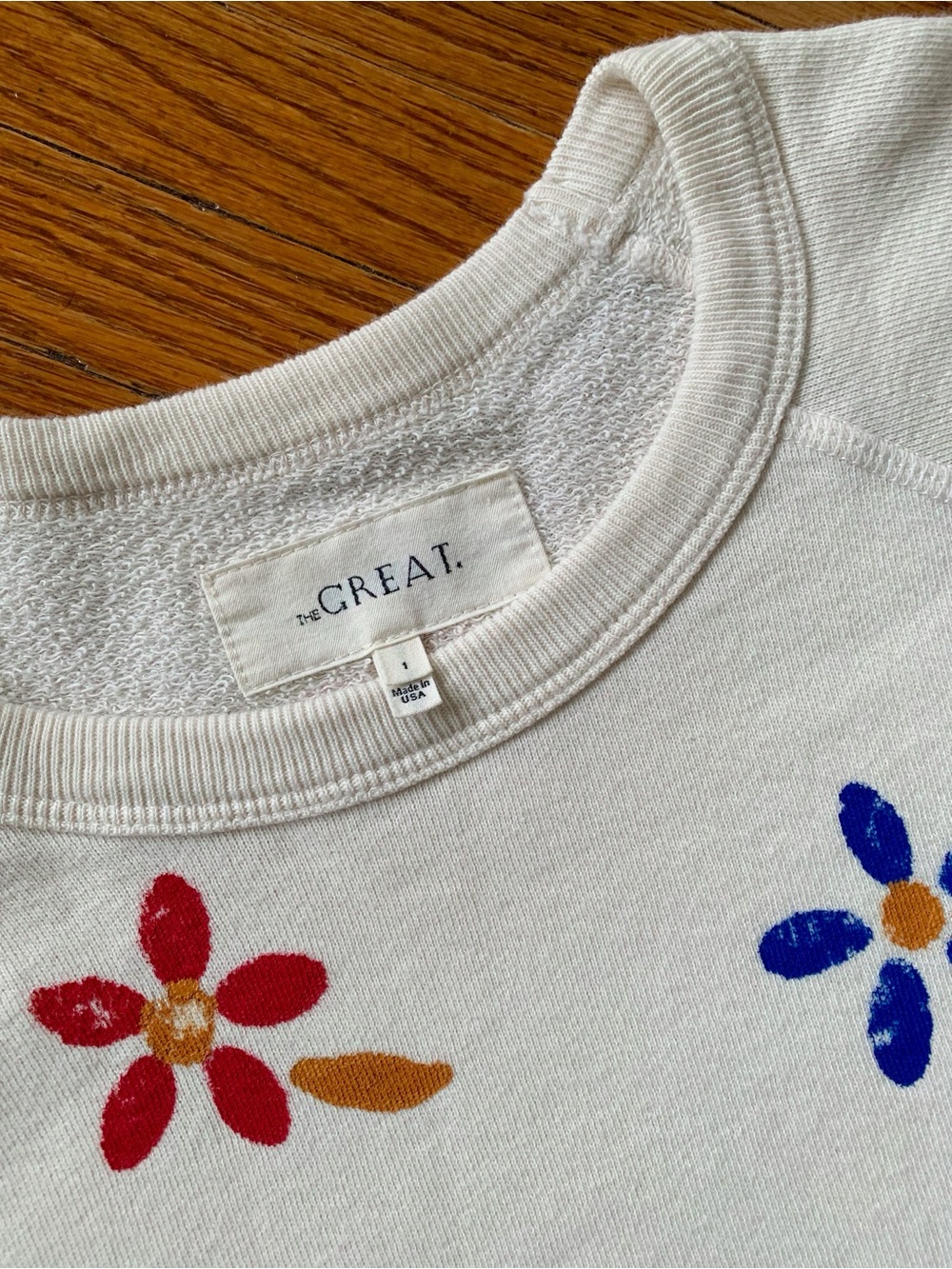 THE GREAT. Cream Hand Painted College Sweatshirt with Red and Blue Flowers - Picture 3 of 5